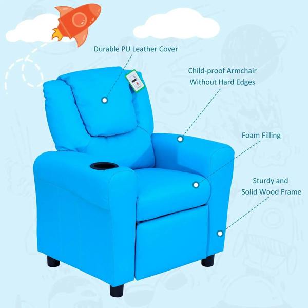 Blue kids PU leather recliner chair with rounded edges and padded headrest