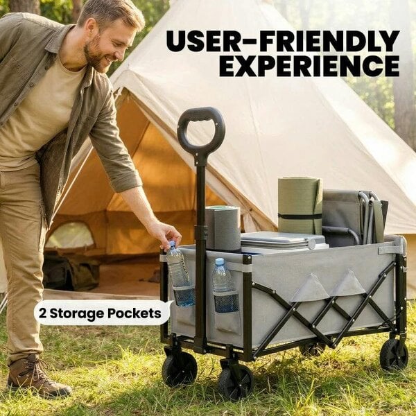 Bobobiy 60L Foldable Festival Trolley on Wheels, Collapsible Wagon Cart with Drop-Down Tailgate, Adjustable Handle, Grey