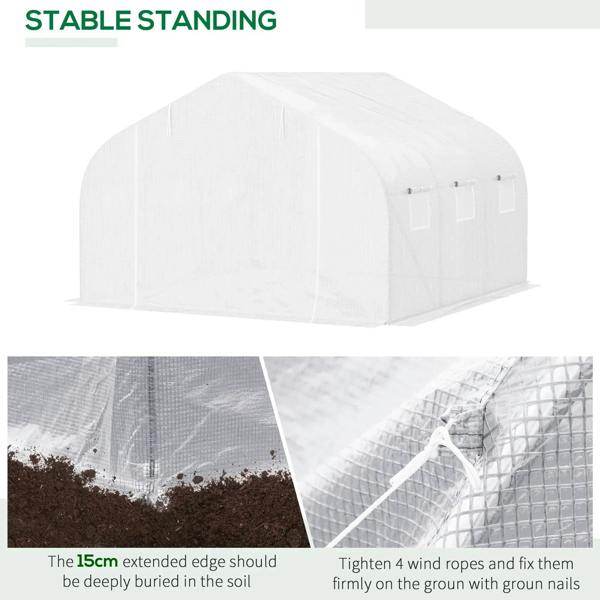 White walk-in greenhouse tunnel with enclosed end walls and zipped front door