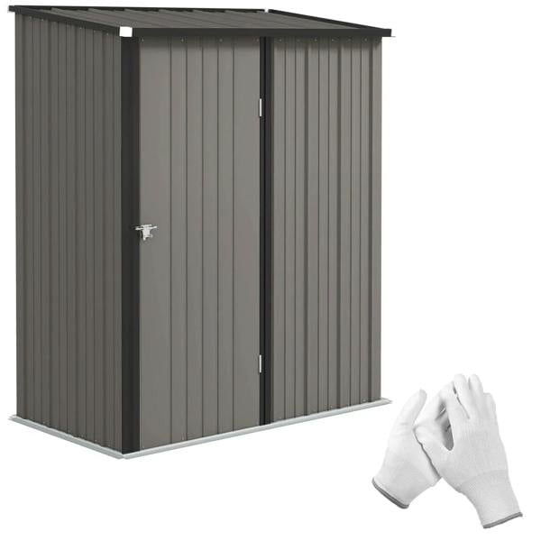 Light grey corrugated steel garden shed with double doors and handle, compact size