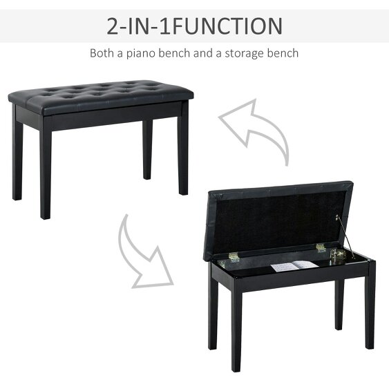 Wyld Haus Milara Faux Leather Black Upholstered Piano Bench With Storage Compartment Diamond Tufted Lid