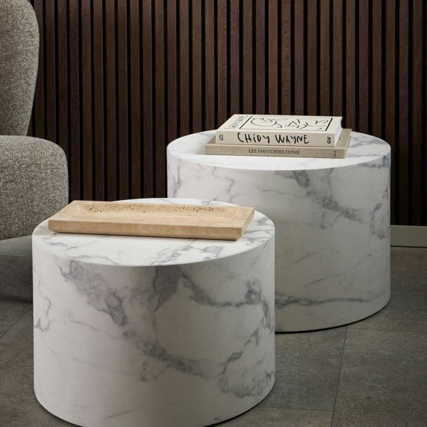 Furniture To Go Dice Round Coffee Table Set of 2 in White Marble and Carrara Rough Paper