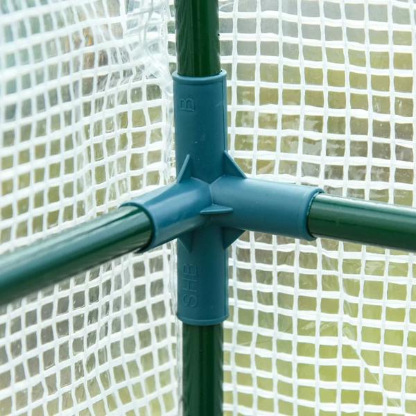 Greenhouse frame joint and cross connector on the white mesh cover