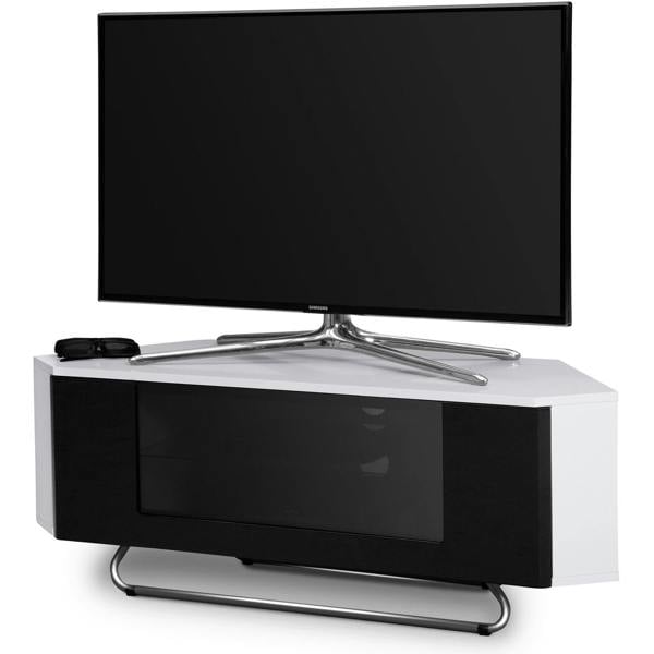 Homeology Hampshire Corner-Friendly Gloss White with Black Contrast Beam-Thru Remote Friendly Door 26"-50" Flat Screen TV Cabinet