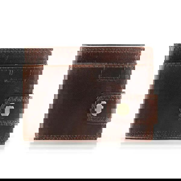 Front view of Brown leather wallet with a metal clasp on a white background