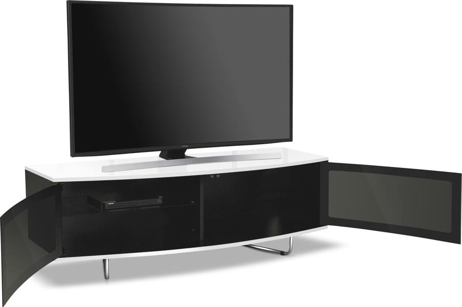 Homeology Caru Gloss Black and Gloss White Beam-Thru Remote Friendly Super-Contemporary"D" Shape Design 32"-65" LED/OLED/LCD TV Cabinet