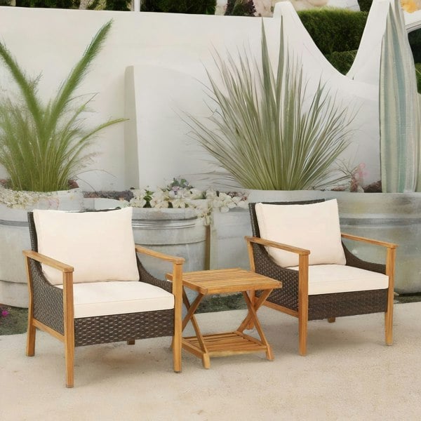 Rafaelo Mobilia Set of 3 Bistro Wooden Table And Wicker Chairs Natural Brown