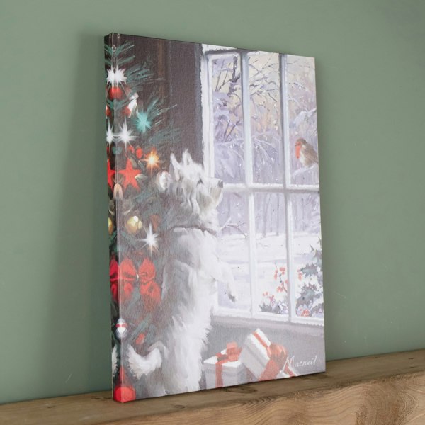 Samuel Alexander 40cm x 30cm Battery Operated Light up Fibre Optic Christmas Dog & Robin Wall Art