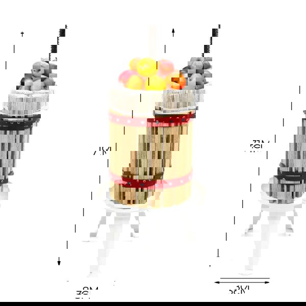KuKoo 18 Litre Fruit Press with a wooden barrel, red metal bands, and a white base, filled with fresh apples ready for juicing