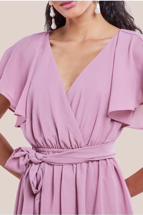 Sustainable Flutter Sleeve Chiffon Wrap Midi Dress - Lavender DR2555BBS
