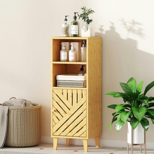 Wyld Haus Mire Slim Freestanding Bathroom Storage Cabinet With Bamboo Door Legs And OFauxn Compartments Natural Wood Finish