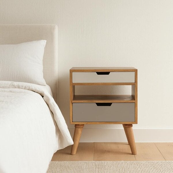 Artisan Furniture Solid Wood Grey and White Cut-out Bedside, 2 Drawers & 1 Shelf, Grey