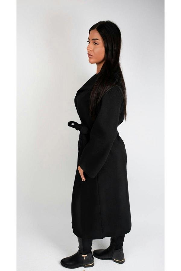 Marelle Belted Longline Coat With Button Detail - Black
