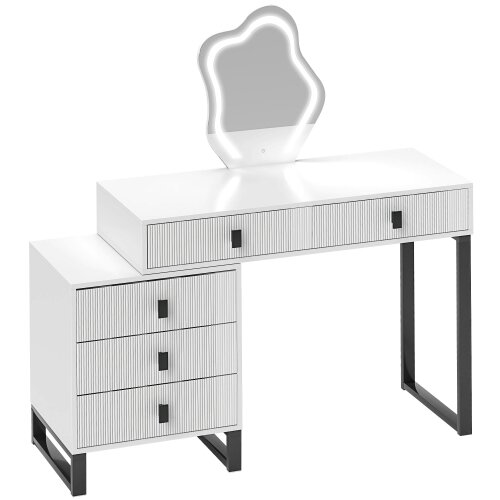 Wyld Haus Nalomo White Vanity Desk With Leaf ShaFauxd Mirror 5 Drawers And 3 Colour LED Lighting