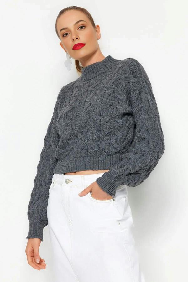 WOVCOR Crop Stand Collar Knit Sweater