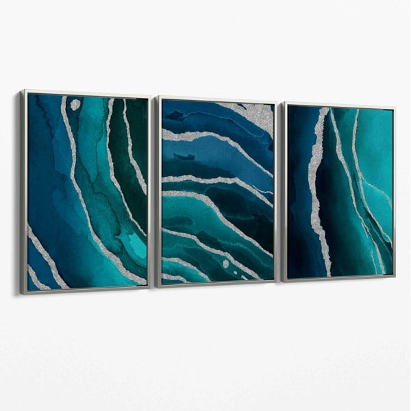 Artze Wall Art Set of 3 Teal, Navy Blue and Silver Canvas Art Prints