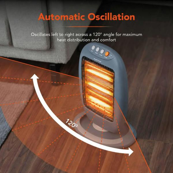 Dyzi 1200W Halogen Heater 3 Heat Settings Oscillating Tip-Over Grey