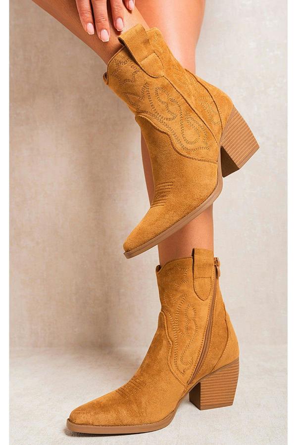 Laura Suede Cowboy Ankle Length Boots - Camel