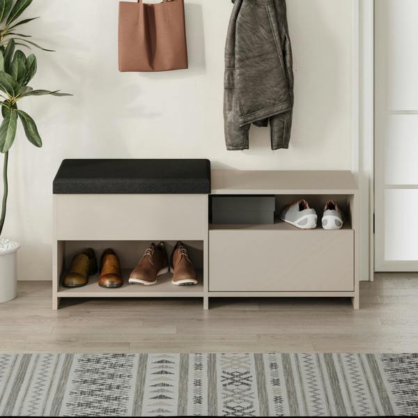 Decortie Modern Filux Shoe Bench Rack Sliding Fabric Seat and 120.3(W) Storage Cabinet 2-Tier Open Shelves Hallway
