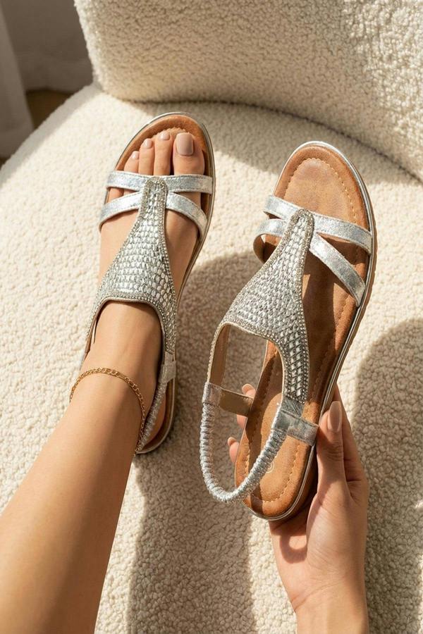Amelia Womens Rhinestone Strappy Flat Sandals - Silver