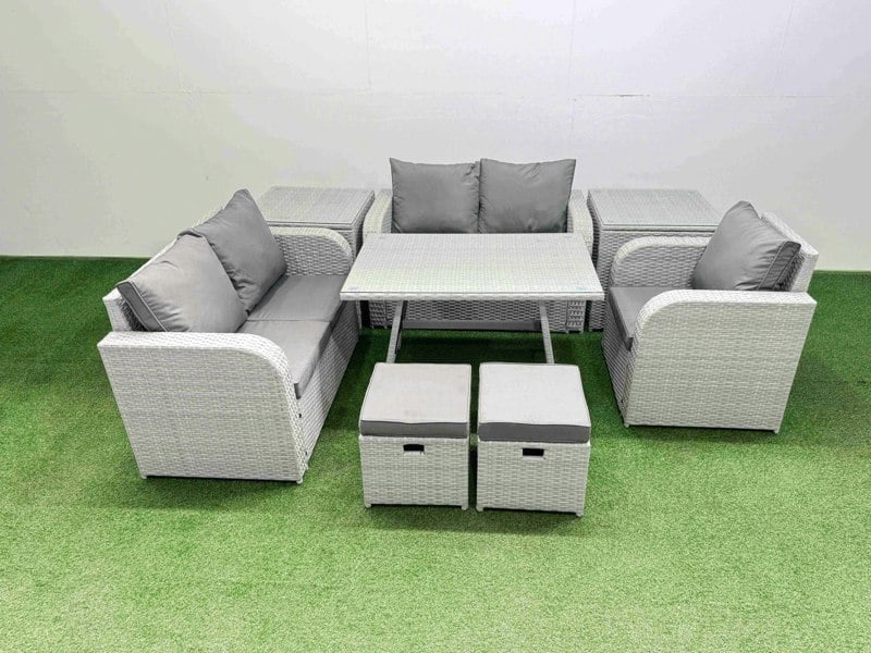 Fimous 7 Seater Rattan Garden Furniture Set Love Sofa Reclining Chair with Rectangular Dining Table 2 Side Tables 2 Small Footstools Light Grey