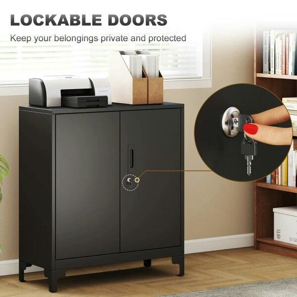 Lockable Metal Filing Cabinet, 2-Tier Storage Cupboard with Double Doors, Modern Office Organiser, Black
