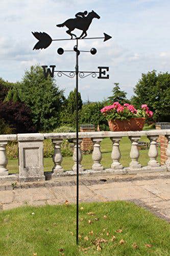 The Garden Marketplace Horse Racer Steel Weathervane with Ground Spike and Wall Fixing, Black Outdoor Wind Direction Ornament with Wind Speed Cups