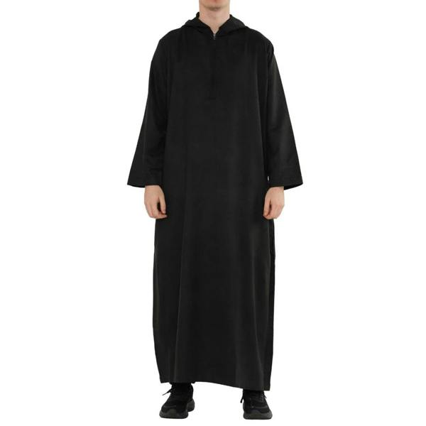 HM12 - Men's Hooded Suede Emirati Omani Zipped Thobe - Black - Thobez - 8