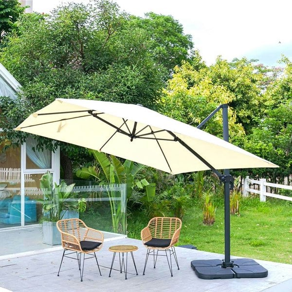 Beige 3 x 3 m Square Cantilever Parasol Outdoor Hanging Umbrella for Garden and Patio Parasols Living and Home Parasol + Cross Base + Petal Water Tank