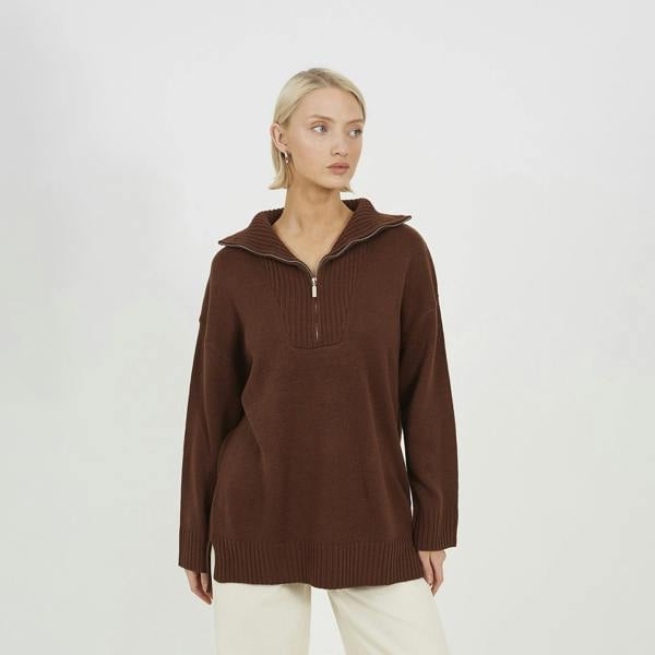Brave Soul Chocolate Oversized 1/2 Zip Knitted Jumper - Chocolate Image 1