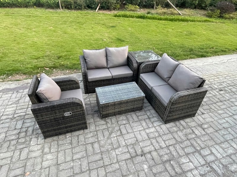 Fimous High Back Rattan Garden Lounge Set - Dark Grey Mixed Indoor/Outdoor Patio Sofa with Loveseat, Rectangular Coffee Table & Side Table