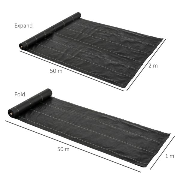 Black weed control ground fabric roll shown expanded and folded, nonwoven barrier sheet