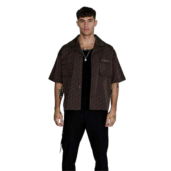SikSilk Mens Geometric Relaxed Fit Short-Sleeved Shirt - Brown - 