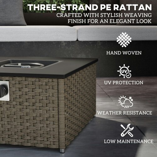 Wyld Haus Lenaro Rattan Grey Square Gas Fire Pit Coffee Table 13 kW With Lid 58 x 58 x 33 cm