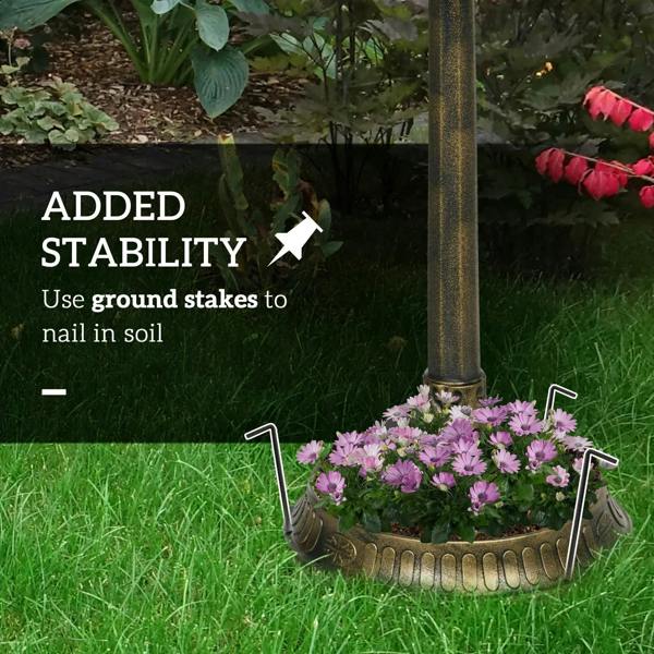 Bronze-tone tall bird bath pedestal with wide base ring for added stability