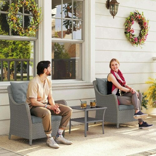 Bobobiy Rattan Garden Chairs Set of 2, Outdoor Rattan Chairs with Cushions, PE Wicker Garden Armchair with Steel Frame, Light Grey
