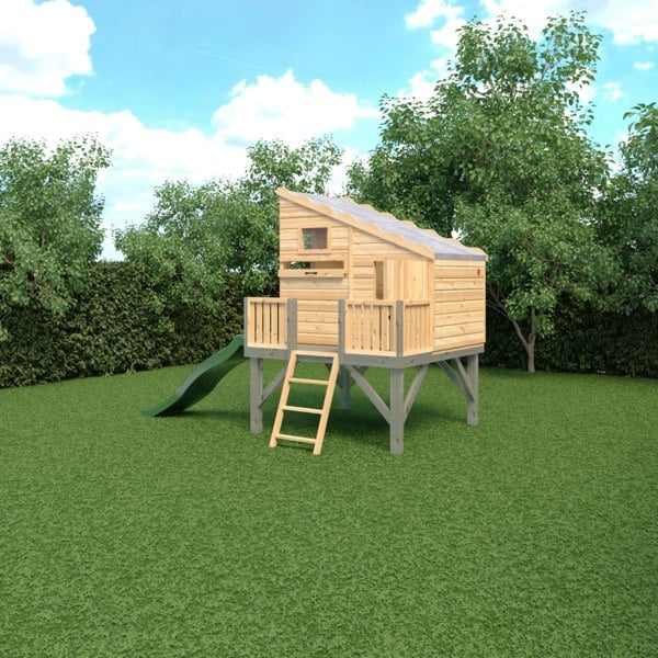 Shire Command post on platform with Slide 6x4 Childrens Playhouse with 12mm Shiplap interlocking cladding
