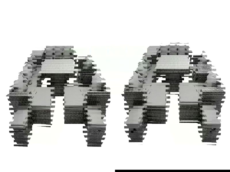 Fimous Rattan Dining Table Sofa Set with Side Table 2 Armchair 4 Stools Outdoor 12 Seat Garden Furniture Set Dark Grey Mixed