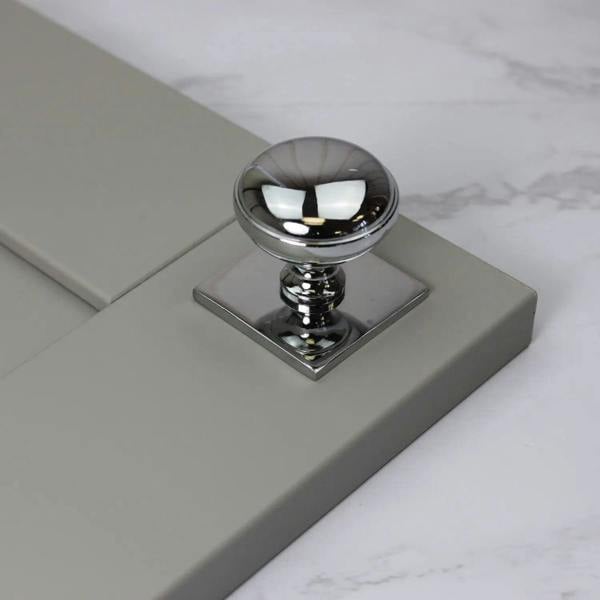 Chrome on Solid Brass Cabinet Knob with Plate - 32mm Diameter