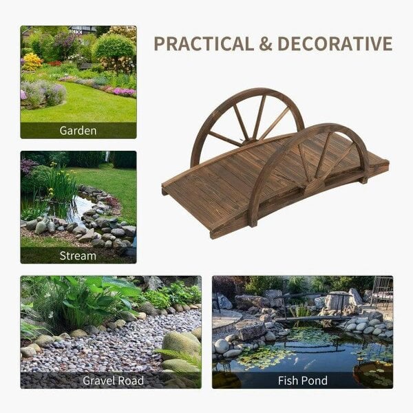Wooden Garden Bridge Lawn Décor Stained Finish Arc Outdoor Pond WalkwayYard Decoration Half Wheeled Railings 100L x 50W x 37Hcm