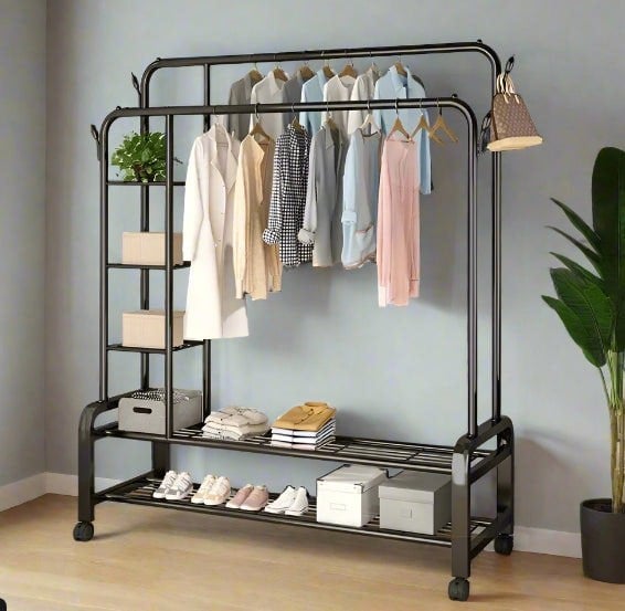 Modcraft Black Heavy Duty Double Clothes Rail with Wheels – Garment Hanging Rack & Storage Shelf