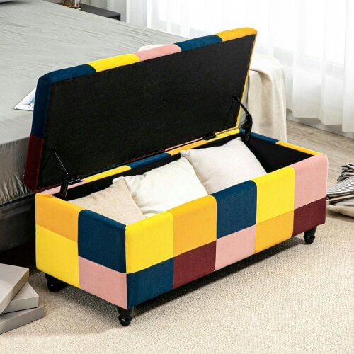 Wyld Haus Tava Velvet Multicolour Storage Bench With Wooden Legs For Bedroom