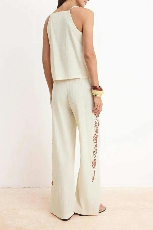 WOVCOR 2-Piece Embroidered Blouse Wide-Leg Trousers Woven Top and Bottom Set