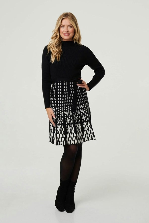 Black | Geo Print Knee Length Jumper Dress
