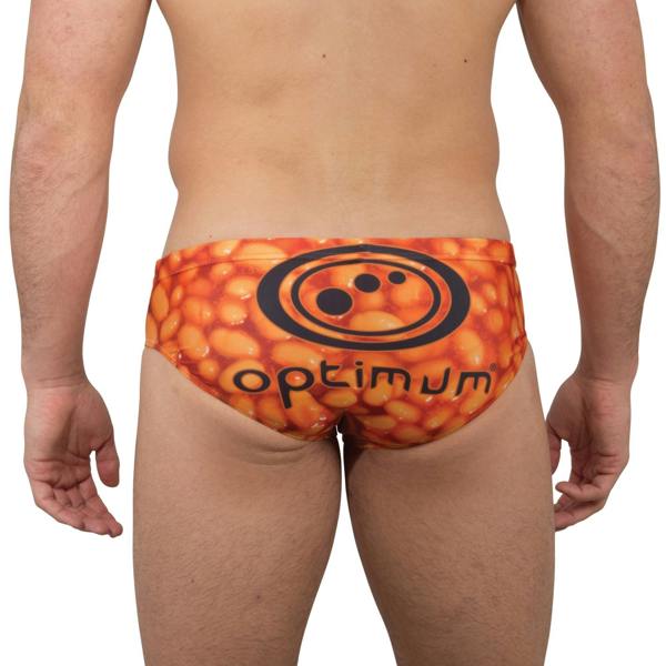 Optimum Tackle Trunks swim brief in orange baked beans print, rear view on male model with black Optimum logo - Optimum