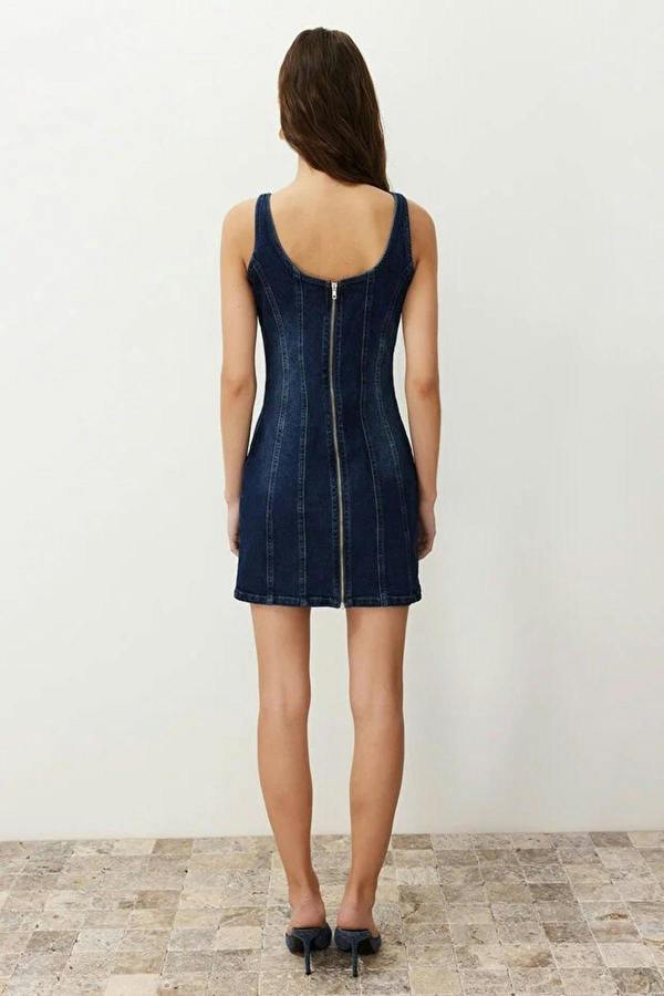 WOVCOR Stitching Detail Fitted Mini Stretch Denim Dress