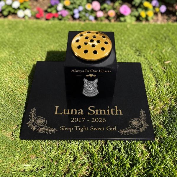 Memorials Direct Cat Memorial Granite Photo Vase & Tablet