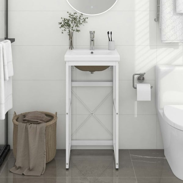 Berkfield Bathroom Washbasin Frame with Built-in Basin White Iron
