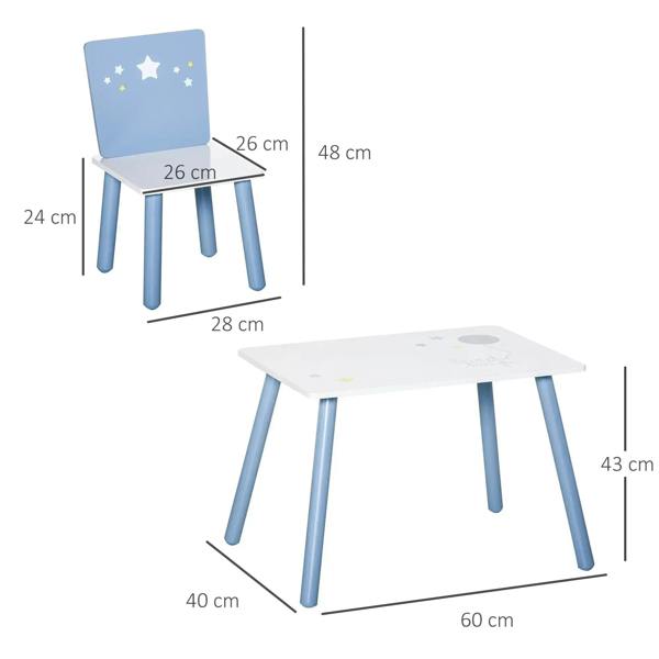 Kids table and chair set with size dimensions for chair and tabletop