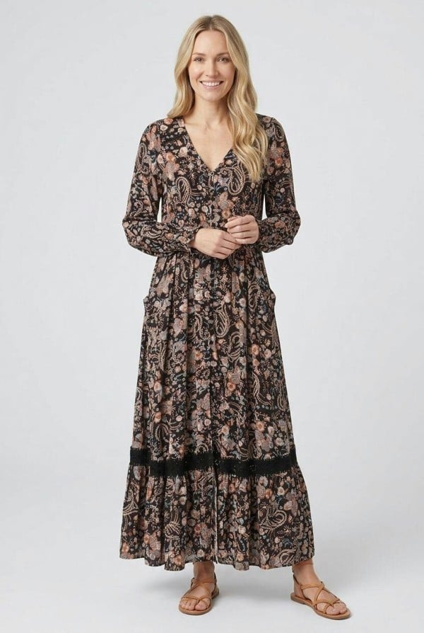 Izabel London Paisley Shirred Long Sleeve Maxi Dress